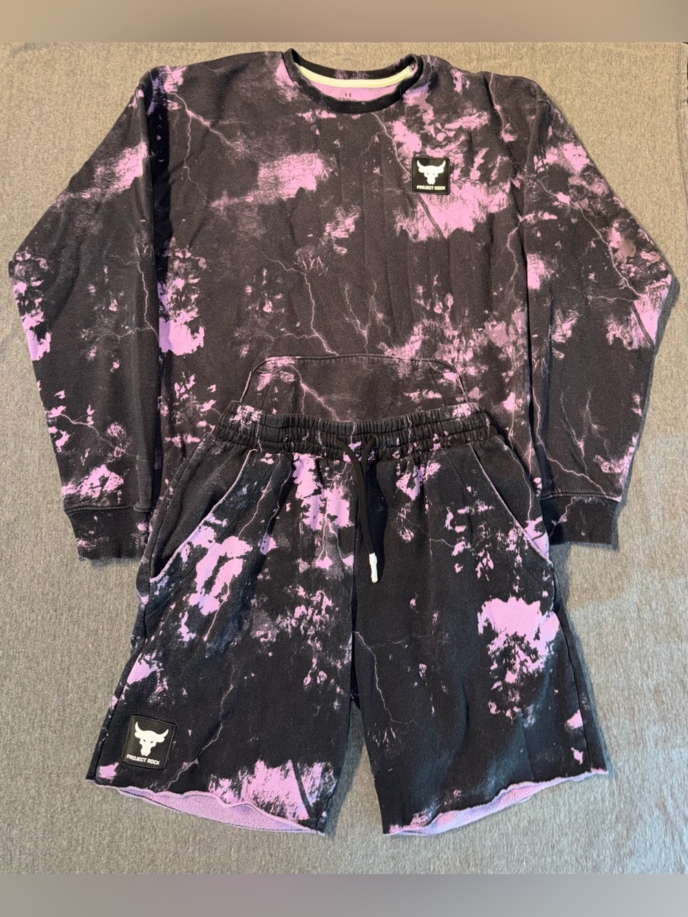 Men’s Under Armour Project Rock Tie-Dye Sweat Shorts Set. Size M for both